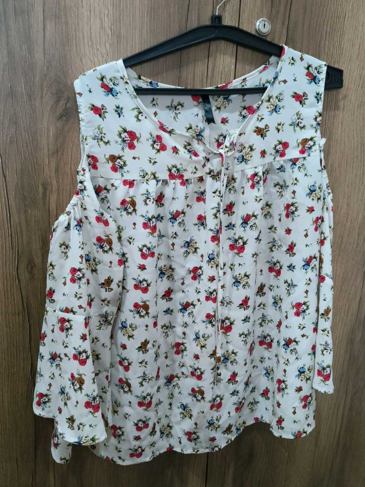 White Floral Cold Shoulder Top