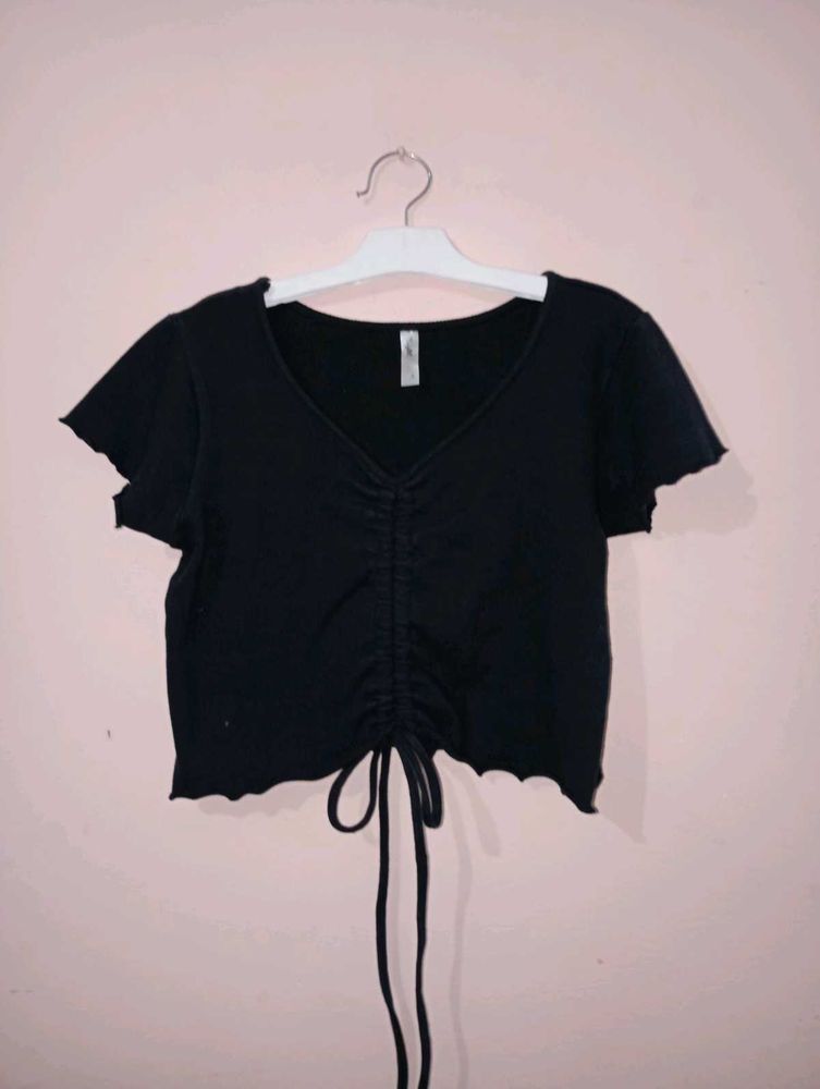 Black Cropped Drawstring Top