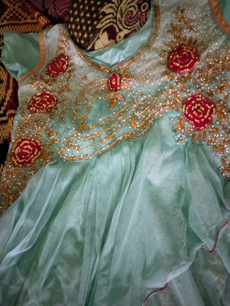Aqua Tulle Dress with Rose Appliques