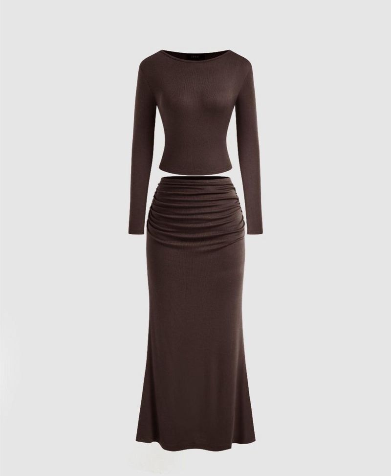 Brown Long Sleeve Dress Set