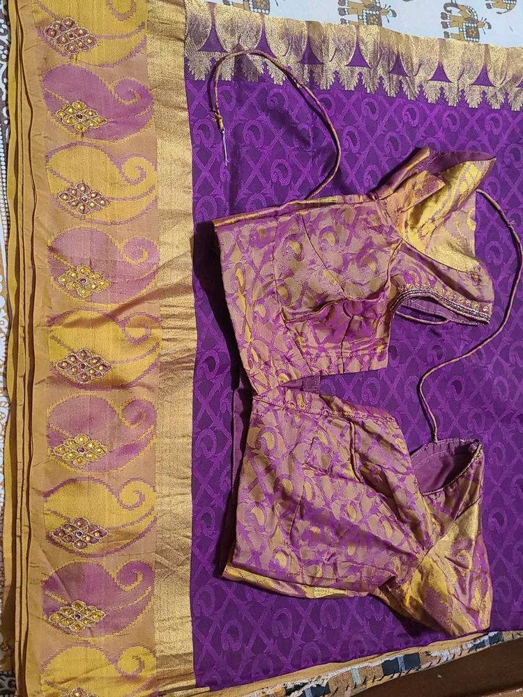 Purple Yellow Combination Silk Saree With Blouse
