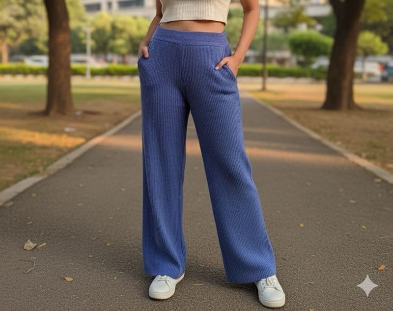 Blue Knit Wide Leg Pants