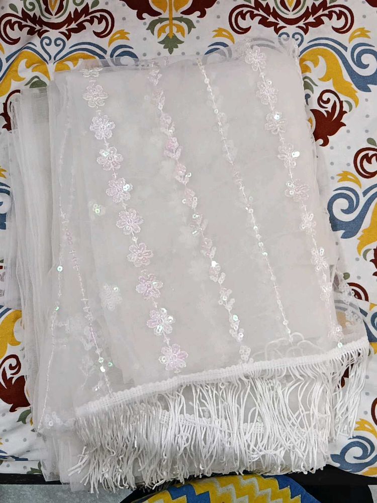 Elegant Embroidered Net Fabric with Fringe