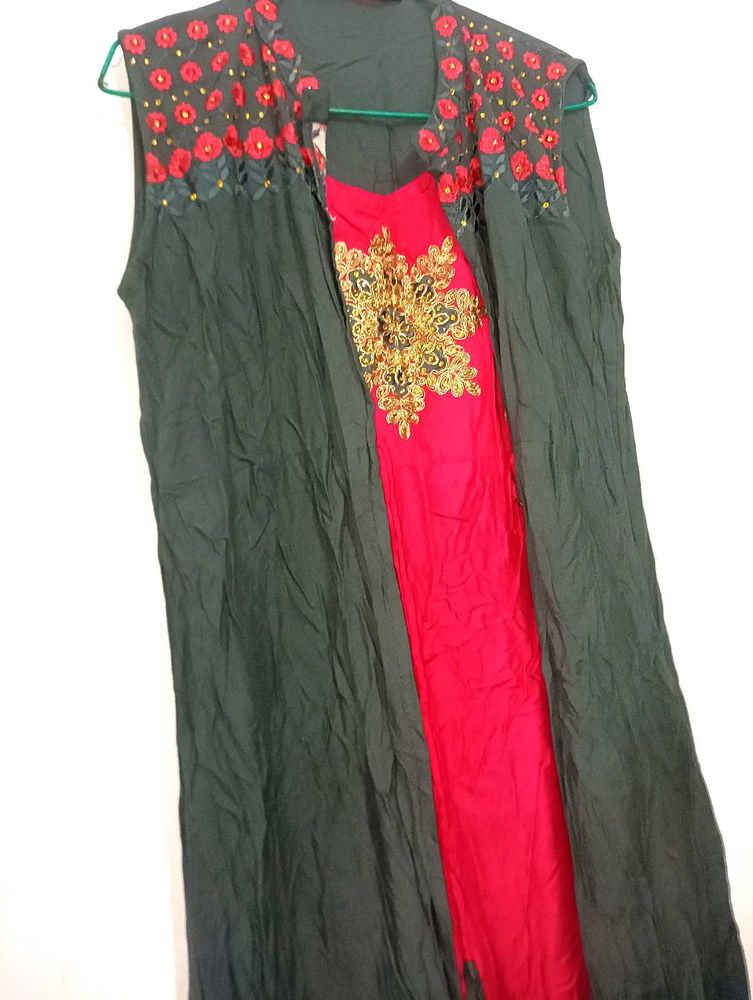 Embroidered Sleeveless Dress with Shrug