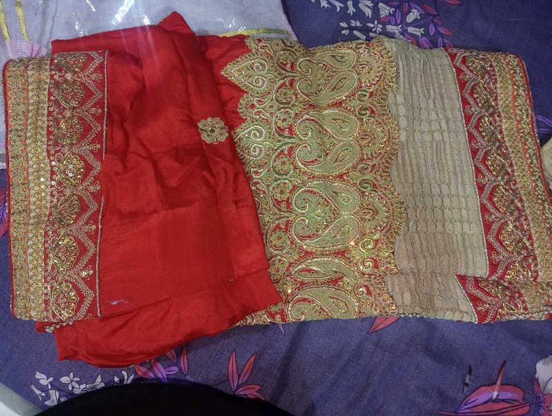 Red Heavy Saree With Golden Blouse.