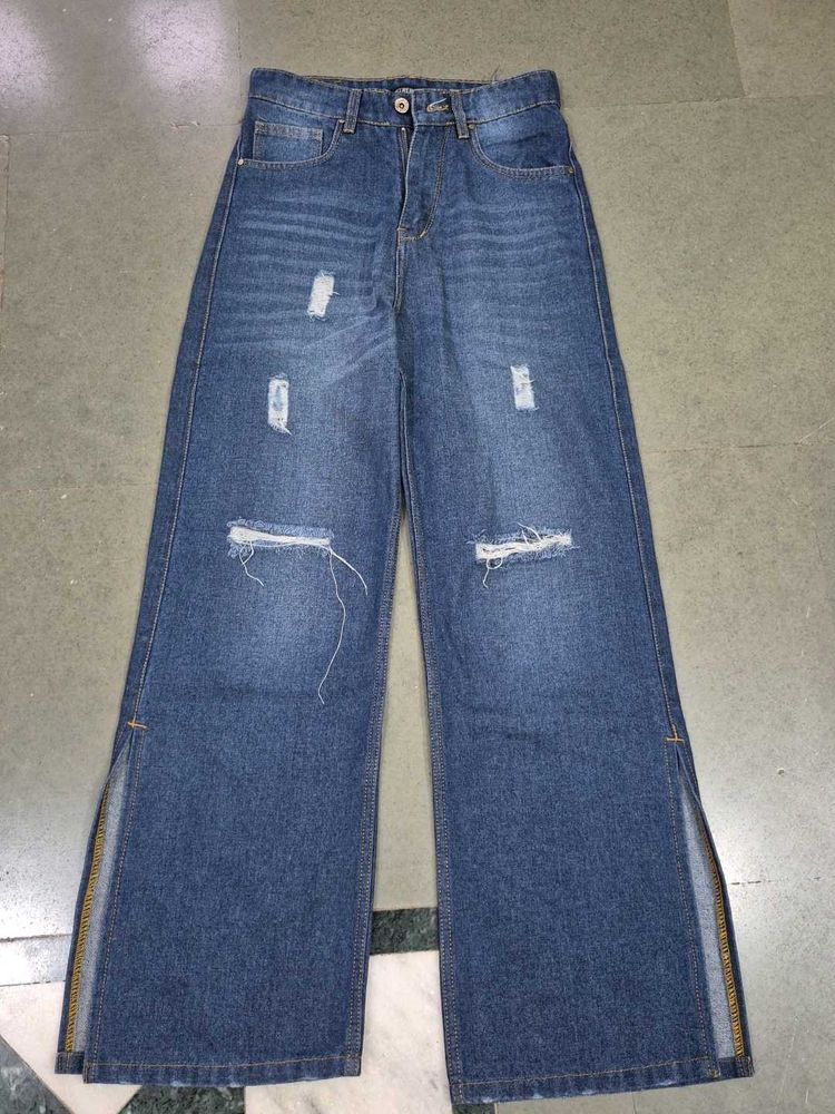 Blue Flared High Rise Mildy Distressed Jeans