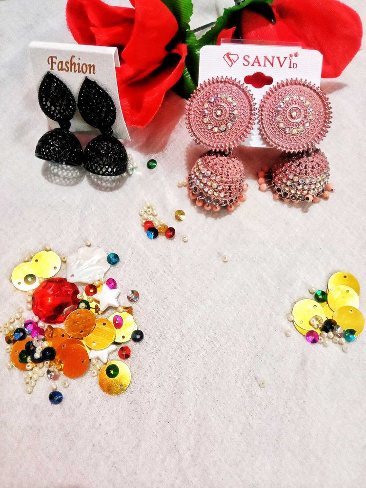 Combo Set Of 2 Pink &amp; Black Metallic Jhumkas