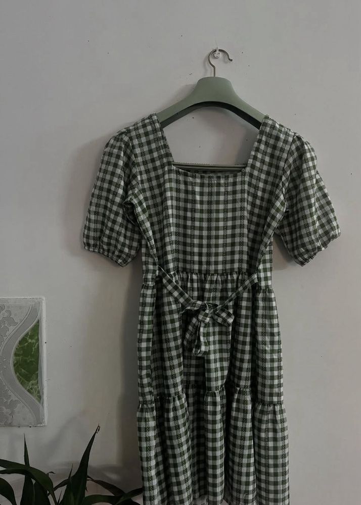 Green Gingham Tie Waist Dress/ cottagecore dress