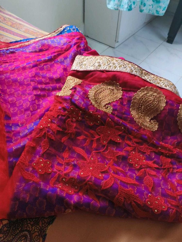 Net Saree.... In Two Colour Mix.. Red &amp; Blue ..