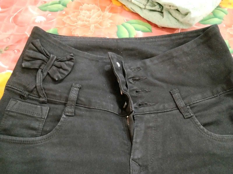 High Waisted Black Jeans with Bow