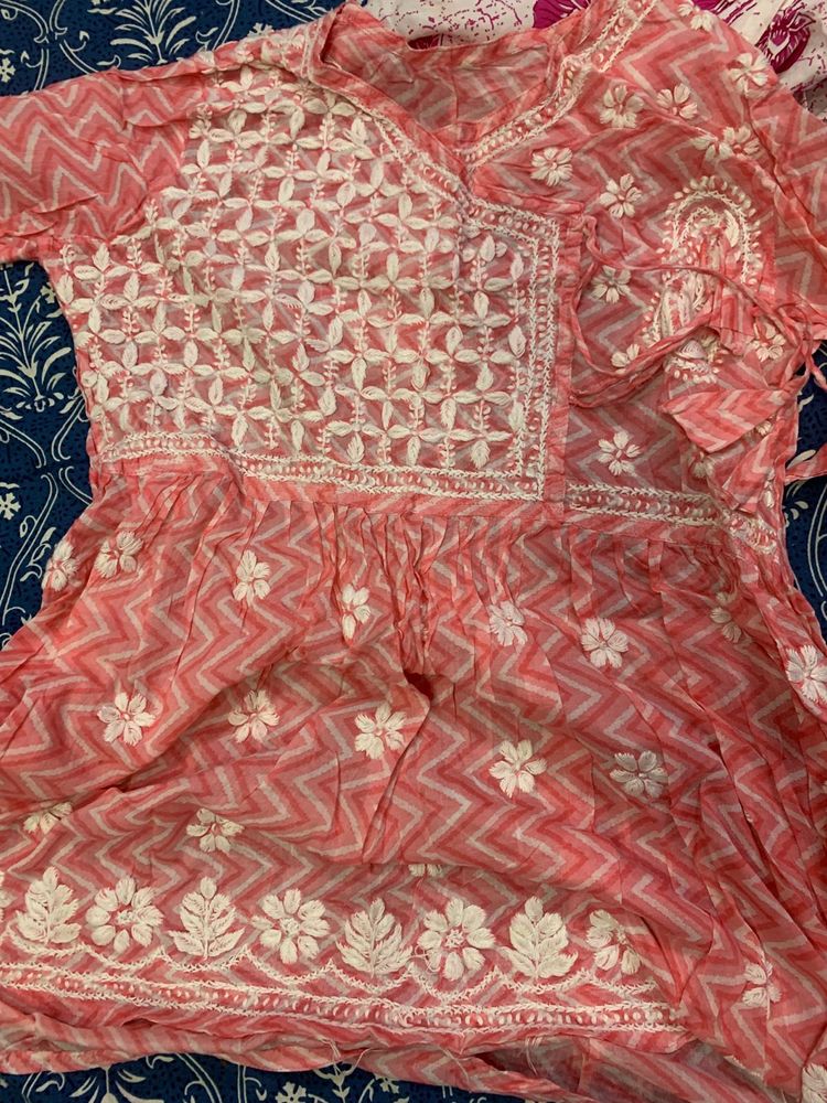 pink chickenkari  Kurta
