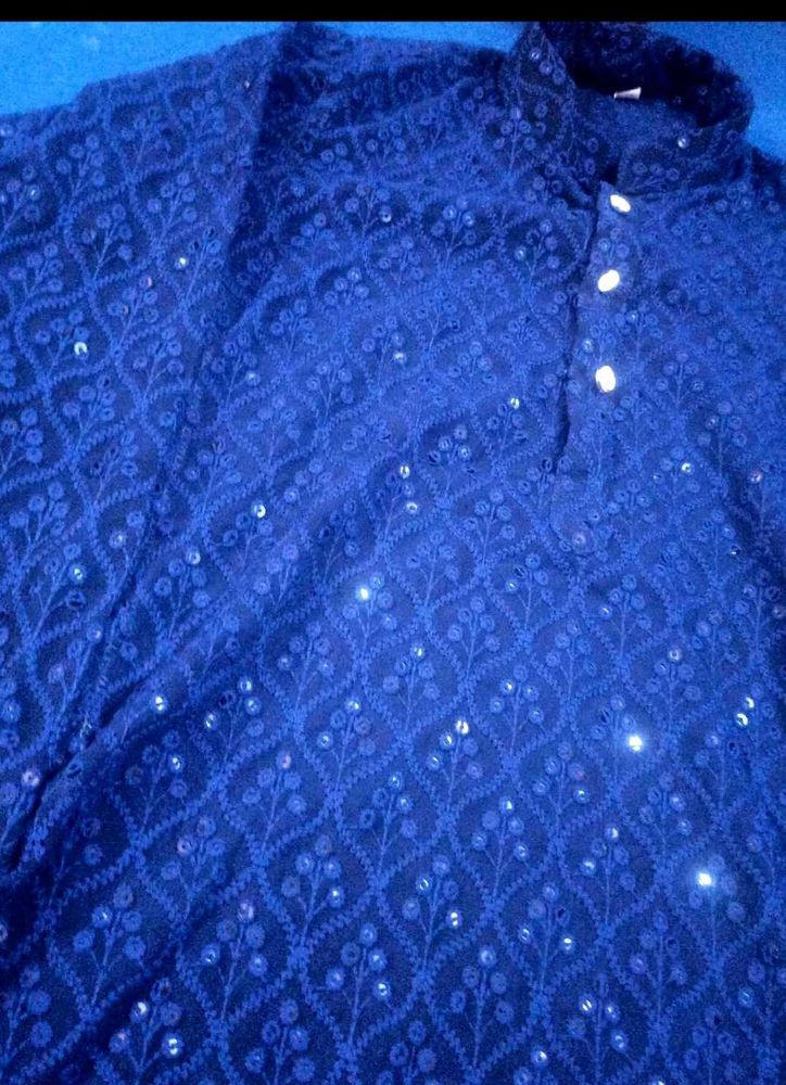 Blue Embroidered Kurta And T-shirt Combo