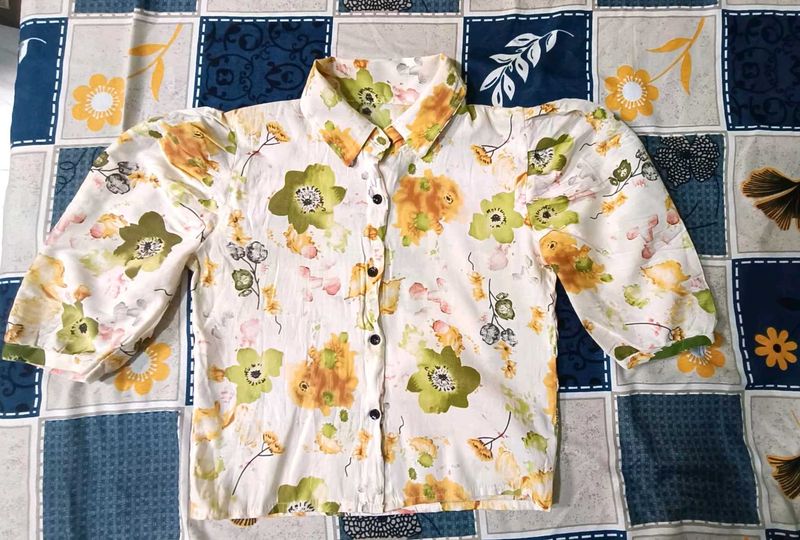 Pretty Flowers Print Shirt Style Cream Colour Top