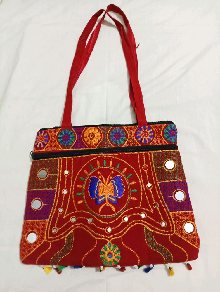 Red Coloured Embroidered Shoulder Bag