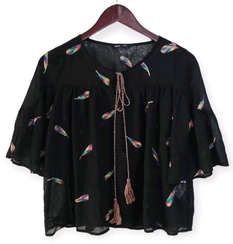 HSTYLE Black Feather Design Tie-Neck Dress Women