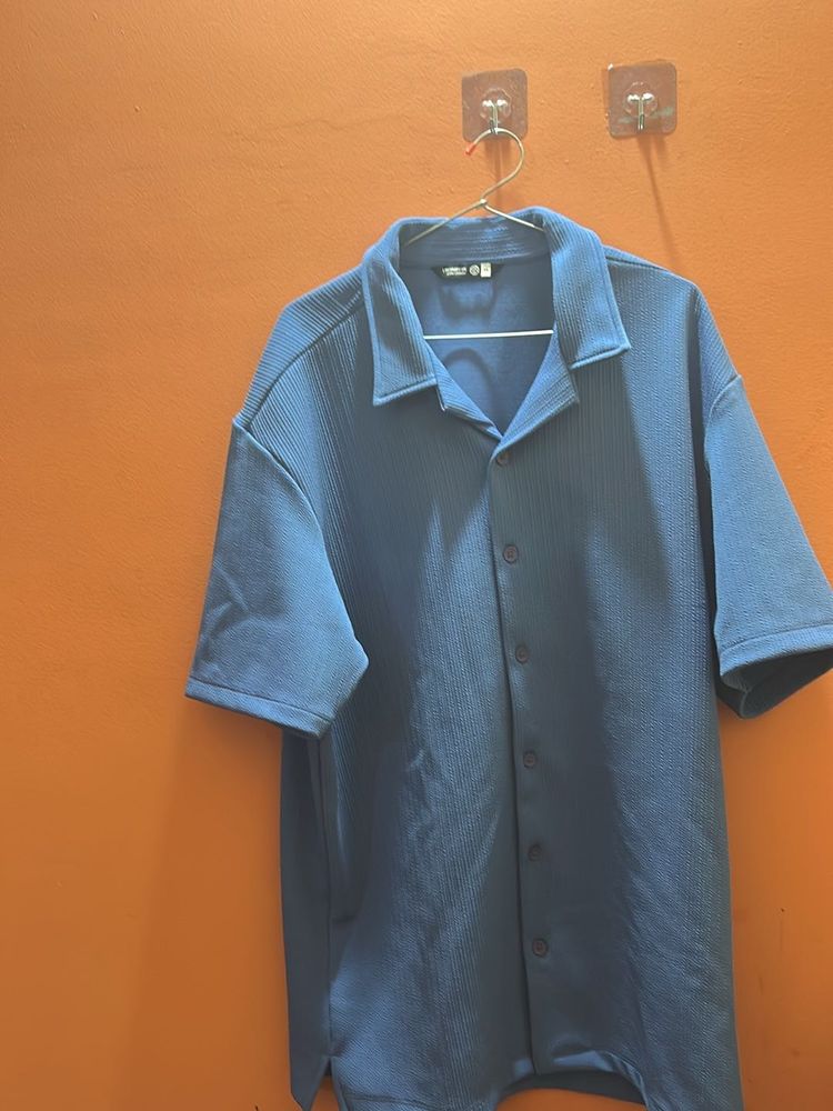 Blue Ribbed Button-Down Shirt