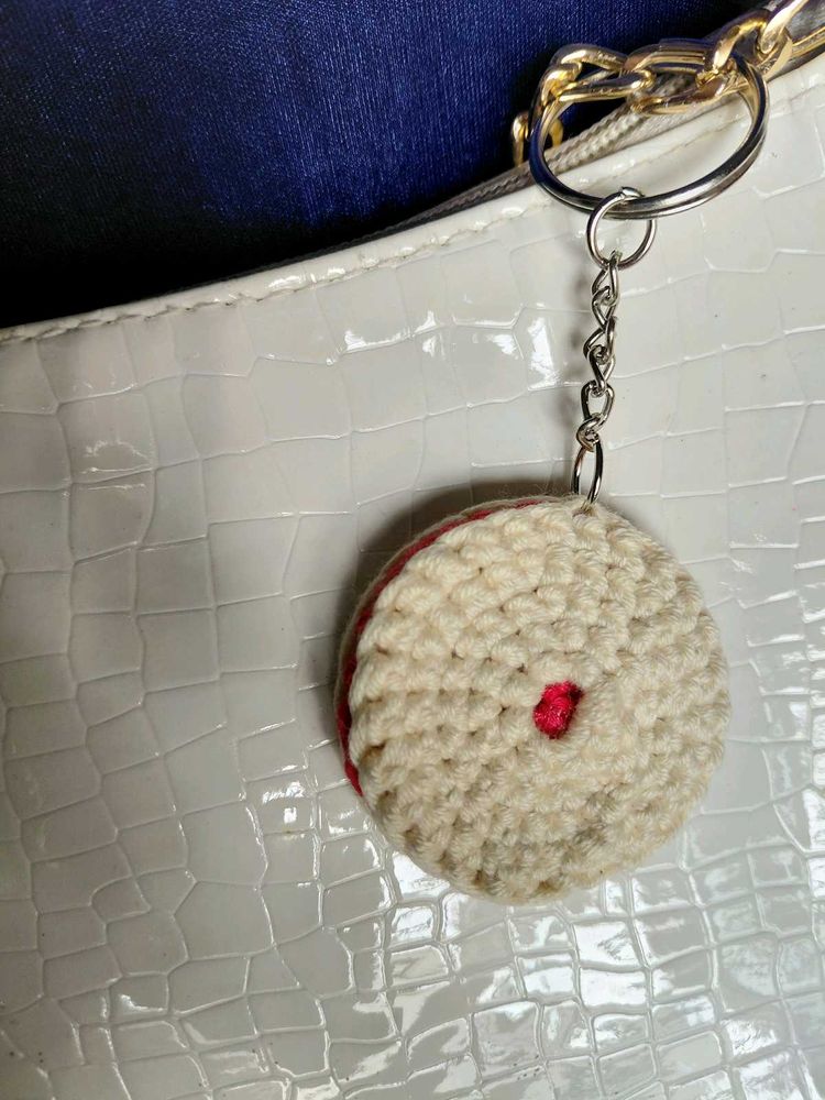 Crochet cream biscuit bag charm and keychain