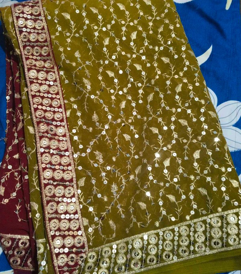 Olive Green Floral Embellished Saree