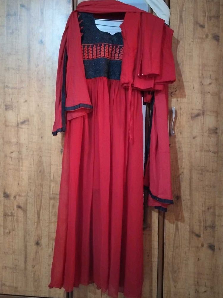 Red Embroidered Anarkali Suit Set