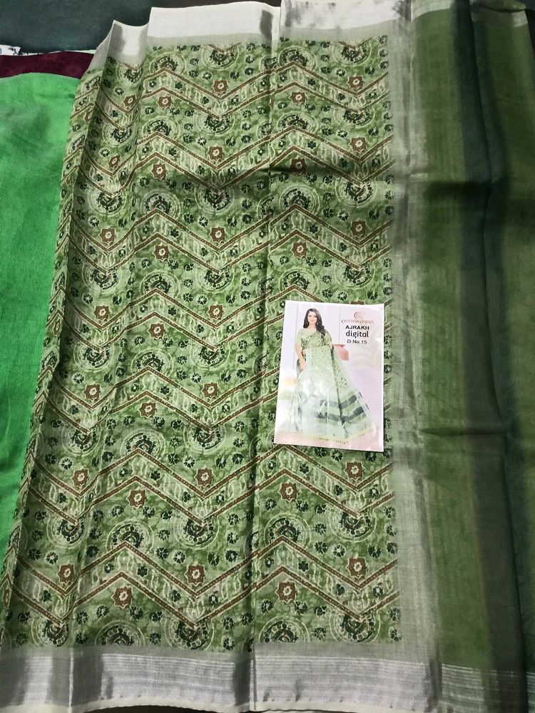 BrandNew Green AjrakhDigitalPrint Saree WithBlous