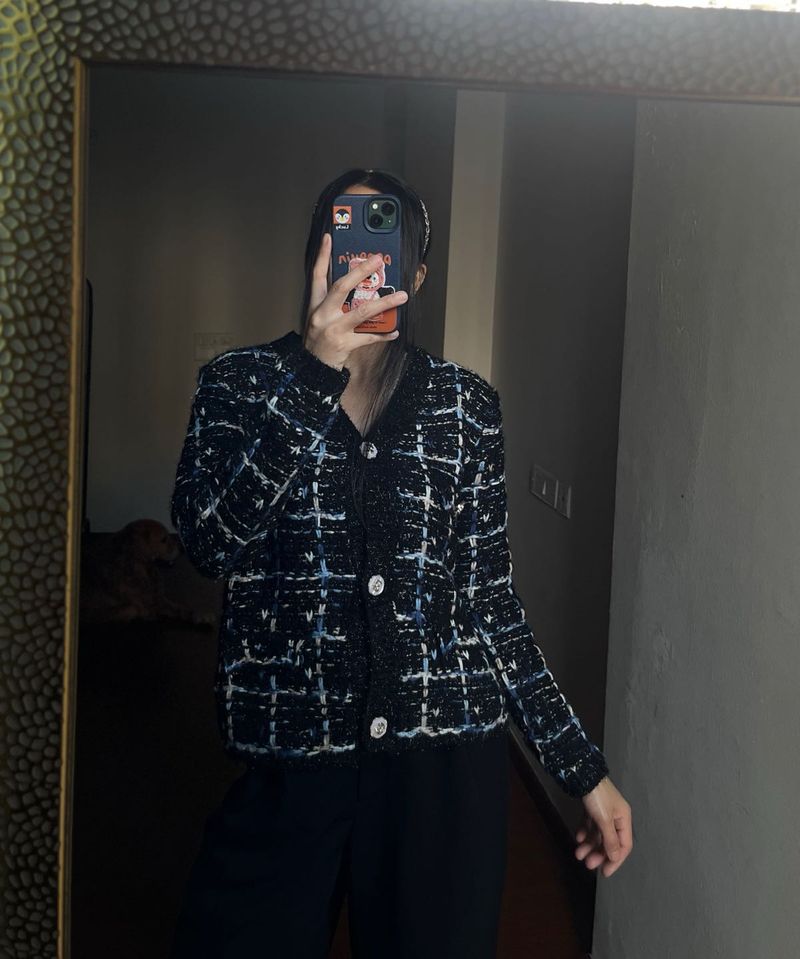 BLUE TWEED PLAID  BUTTONED DOWN CARDIGAN