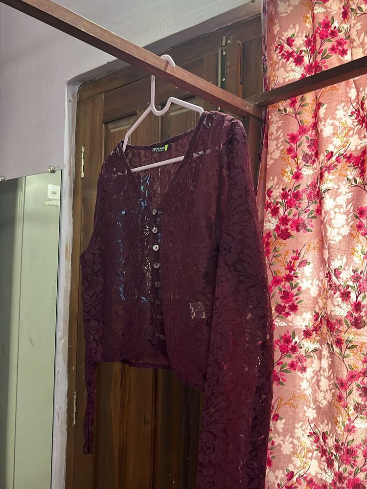 Maroon Lace Button Up Crop Top