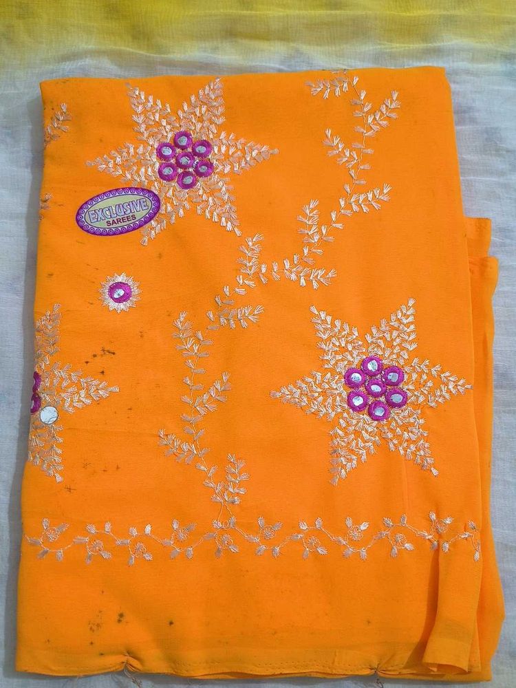 Orange Floral Embroidered Saree