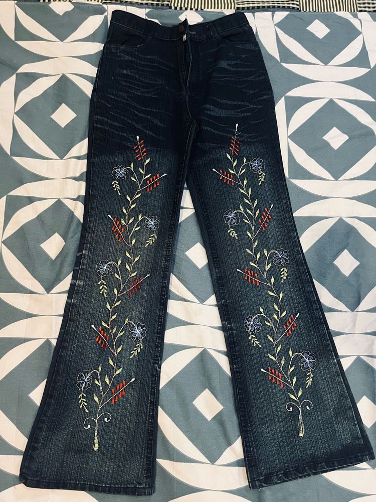 Whimsical Embroidered Boho Flare Jeans