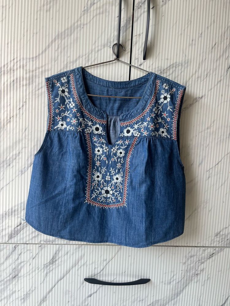 Embroidered Denim Tank Top