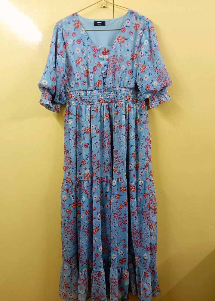 Floral Printed Puffed Sleeves Tiered Dress