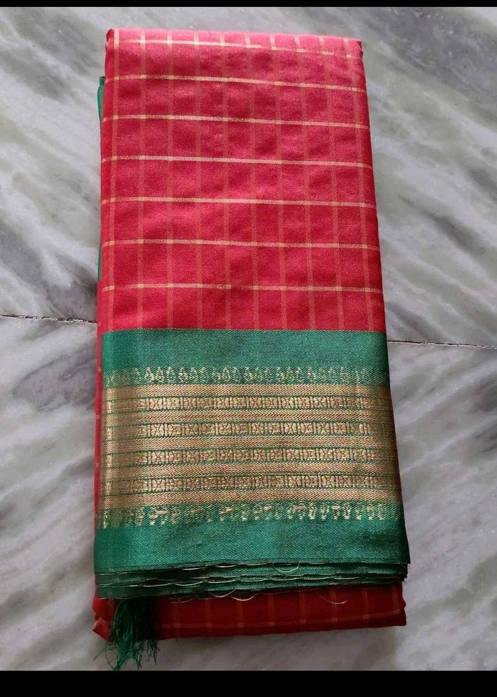 Red Green &amp; Gold Checkered Saree