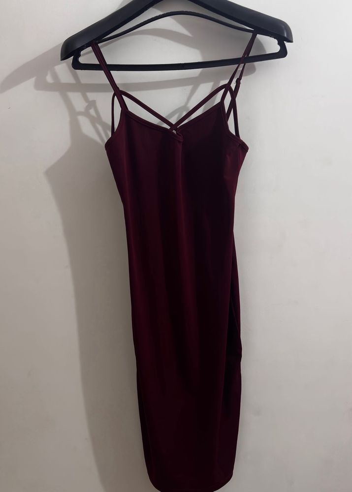 Burgundy Midi Slip Dress with Criss-Cross Straps