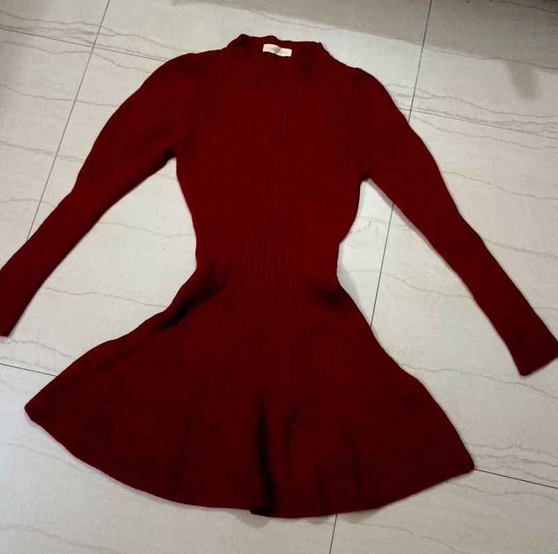 Fit-and-Flare Ribbed Sweater Dress with Mock Neck