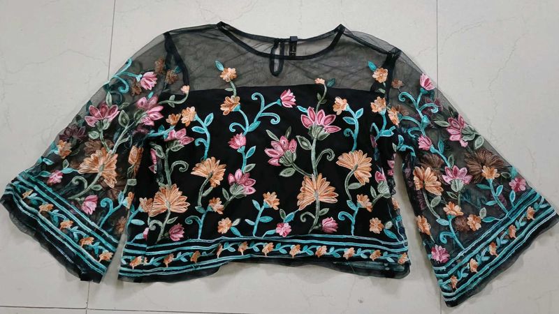 Mesh Embroidered Black Crop Top