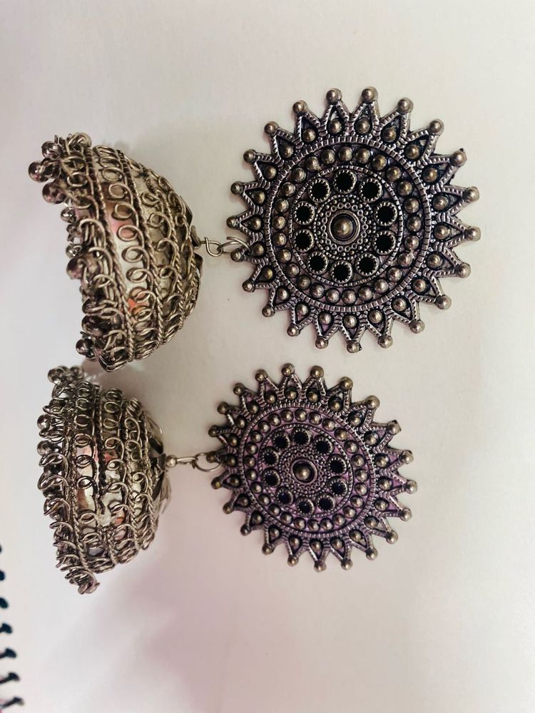 Silver Tone Boho Jhumka Earrings