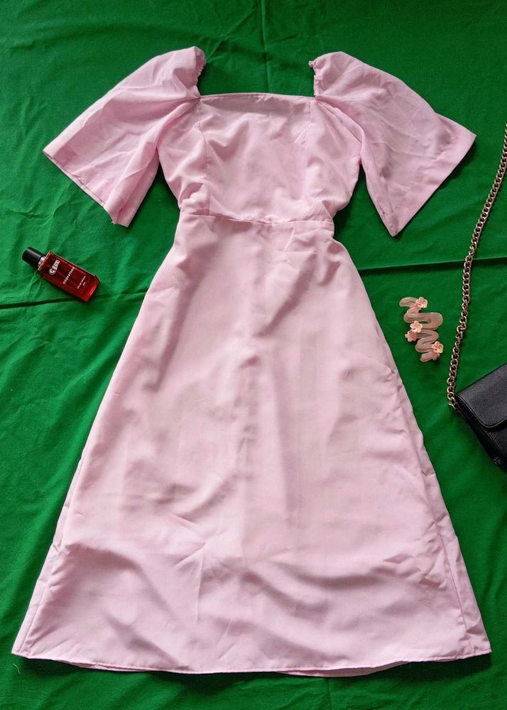 Pink Midi Dress with Puff Sleeves