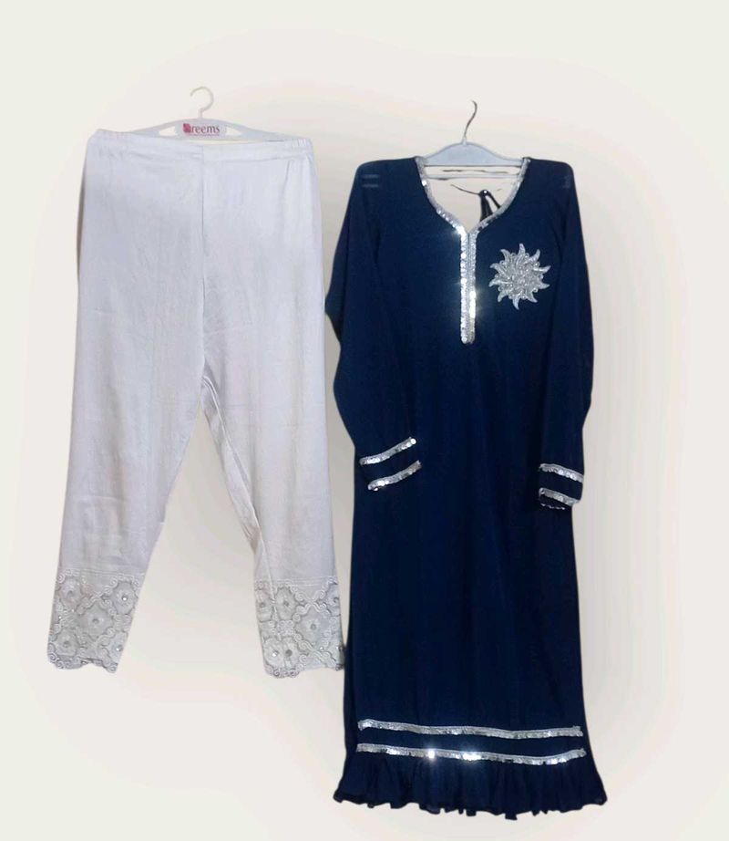 Elegant Navy &amp; Of White Embroidered Pant Suit