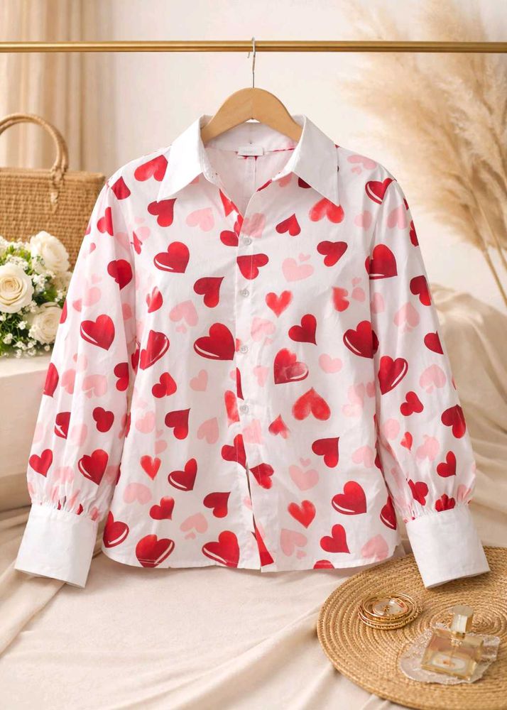 Heart Print Button-Up Shirt