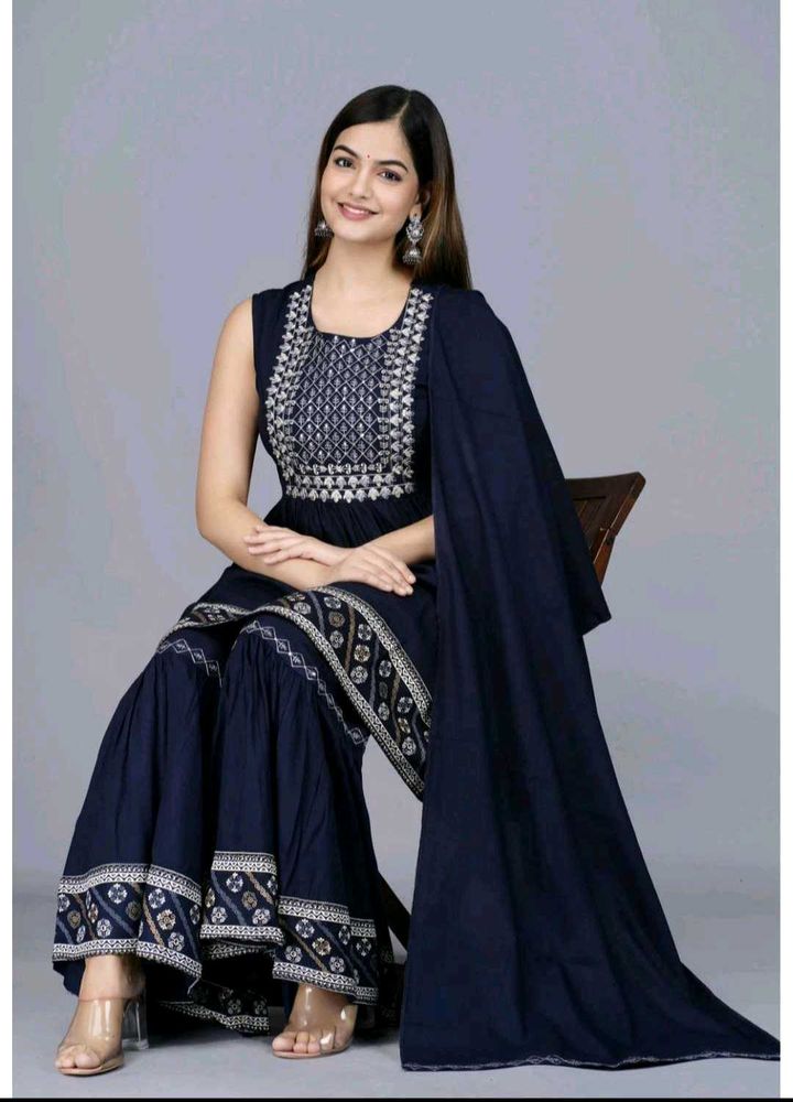 Elegant Navy Blue Embroidered Sharara Set