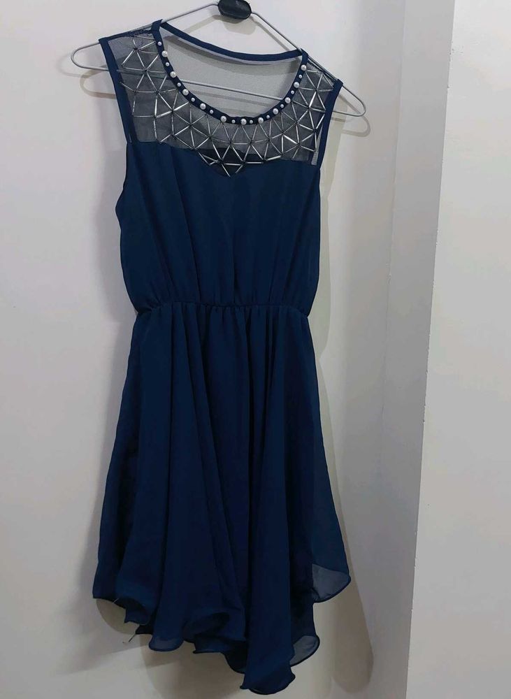 Navy Blue Sheer Neck Dress