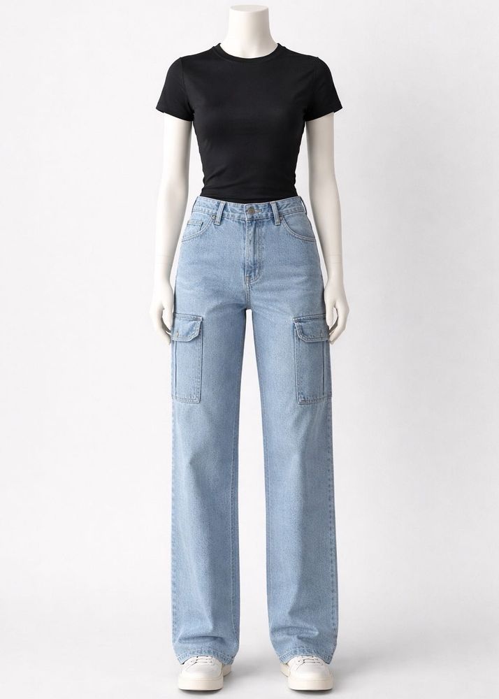 Light Wash Wide Leg Cargo Jeans