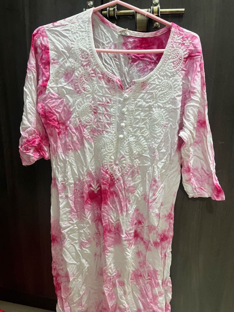 PINK AND WHITE  TIE DYE CHIKANKARI KURTA