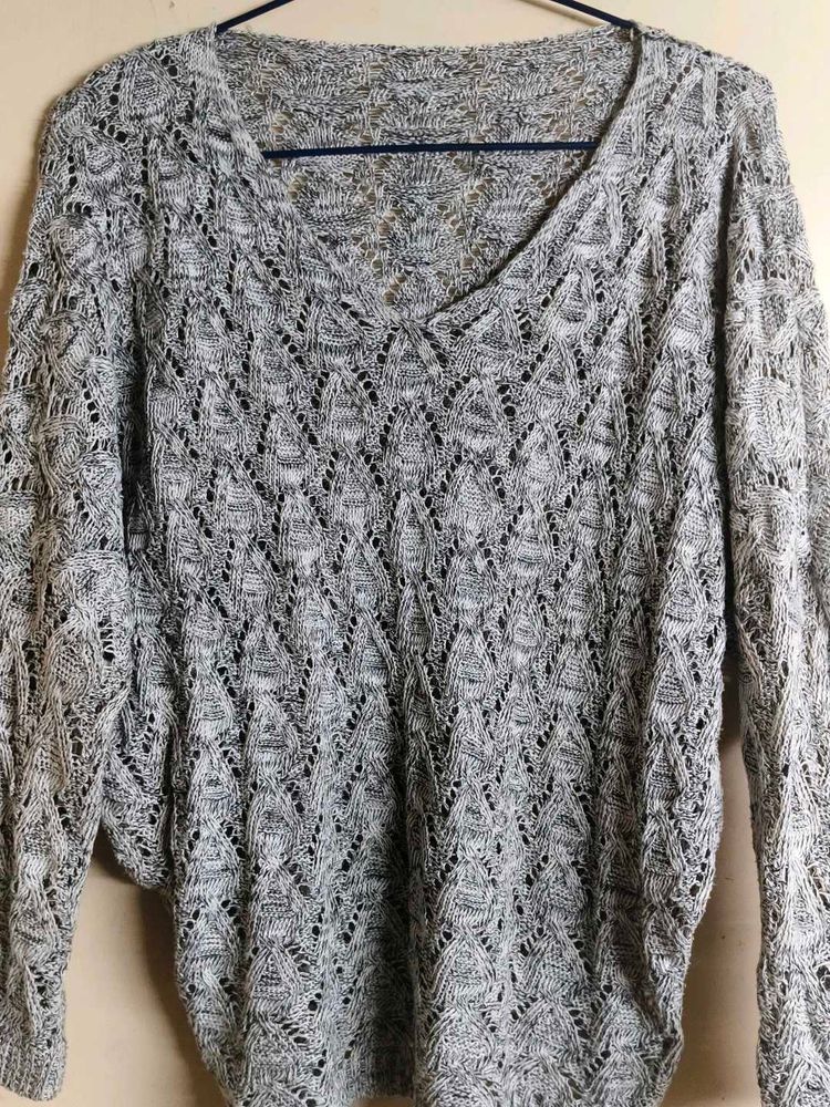 Gray Knit V-Neck Sweater