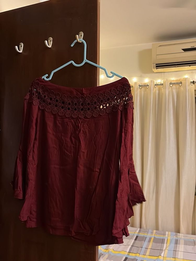 Maroon Crochet Off-Shoulder Top
