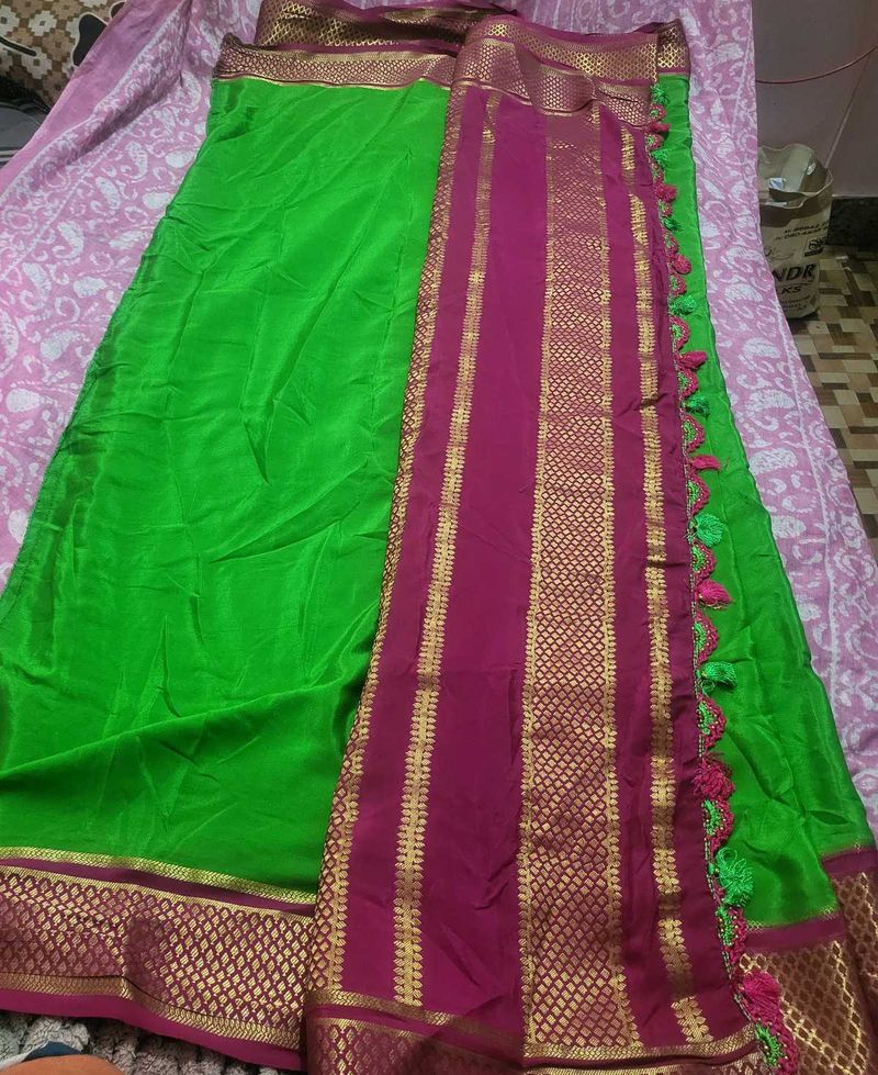 Green &amp; Pink Saree Mysore crepe