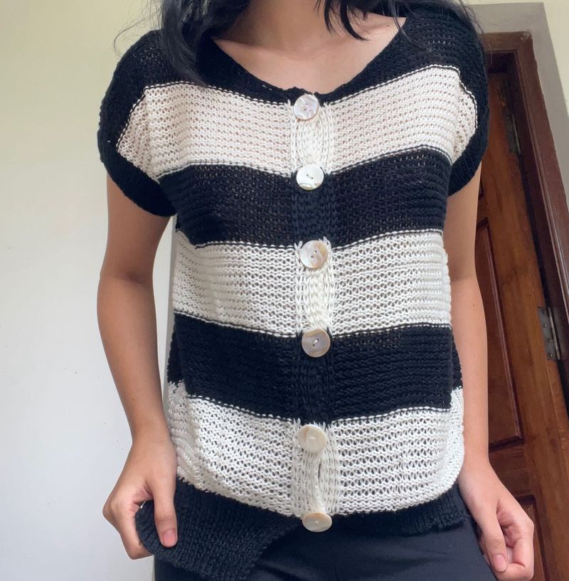 Striped Knit Button Top