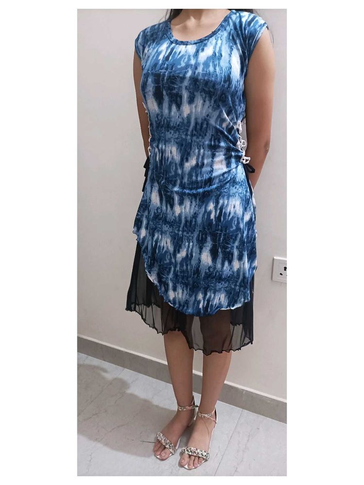 Blue Tie-Dye Dress with Black Trim