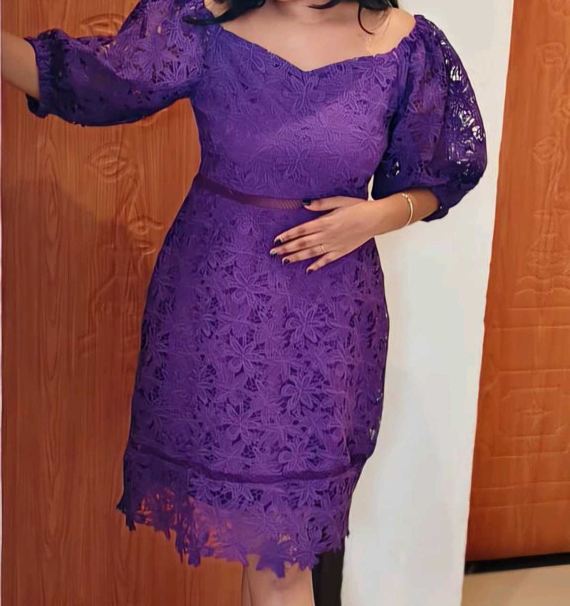 Purple Lace Puff Sleeve Dress