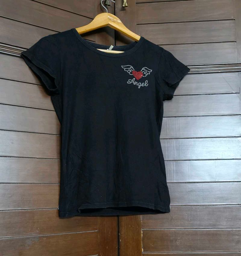 Women Black Cotton Embellished Logo Casual Tshirt
