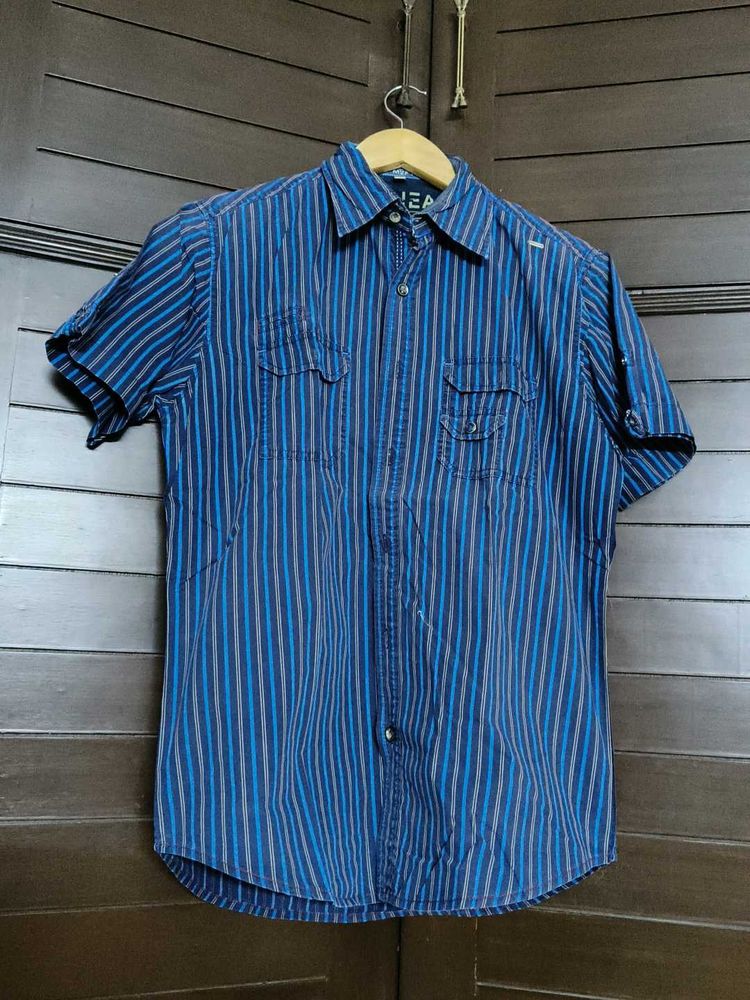 Mufti Men Blue Striped Cotton Casual Shirt